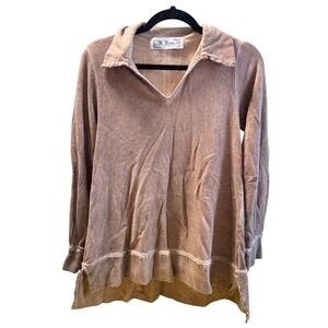 M. Rena Taupe Terry Cloth Collared Long Sleeve Tunic Top Size S